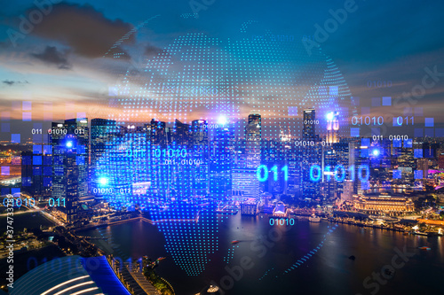 Glowing hologram of Earth planet map on aerial panoramic cityscape of Singapore at sunset  Asia. The concept of international business. Multi Exposure.