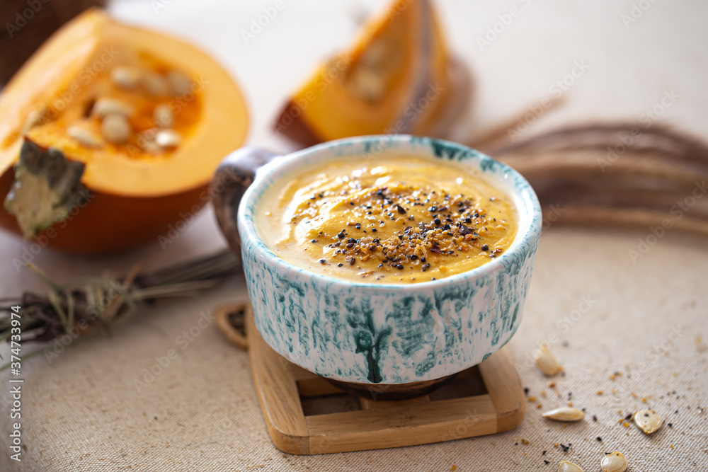 Delicious composition with pumpkin soup, top view. Delicious composition with pumpkin soup, top view.