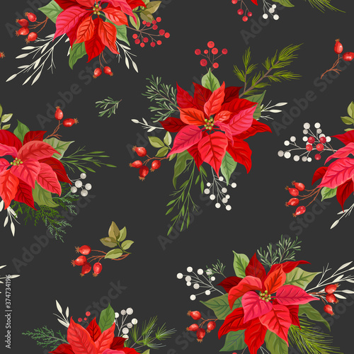 Fototapeta Naklejka Na Ścianę i Meble -  Poinsettia Christmas seamless pattern with Winter Mistletoe, branches of Rowan tree with Berries, holly leaves. Watercolor floral vector illustration for wrapping paper, textile, print, wallpaper