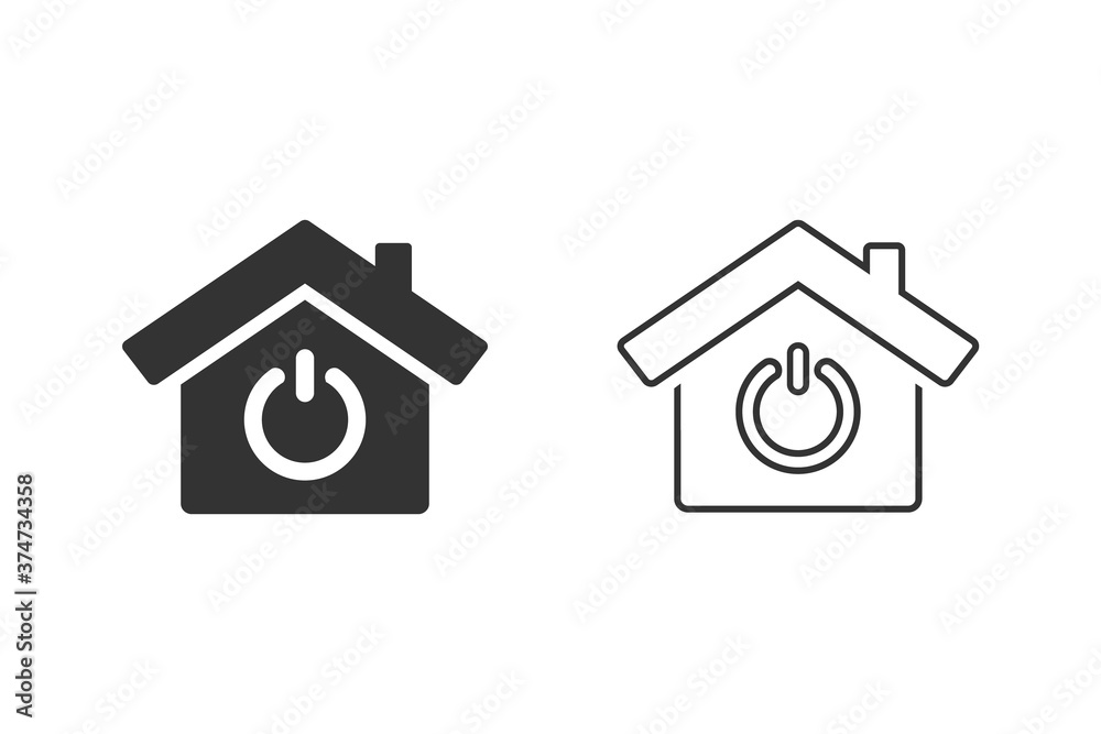 Line icon set of smart home with power efficiency. House or home with power button. Vector