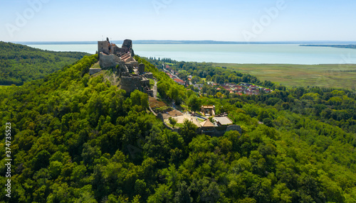 Castle of Szigliget aerial view in summer.