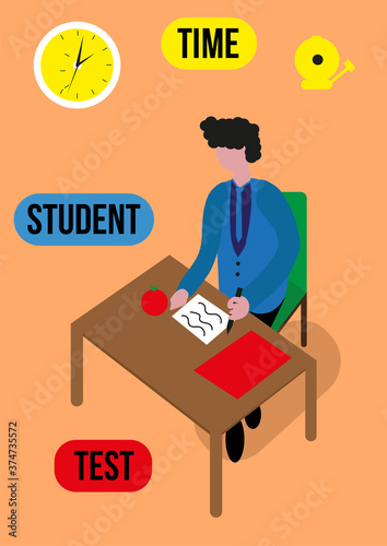Exams Test Student In School, University Student, Holding Pencil For Testing Exam Writing on Table Classroom, Clock, Education