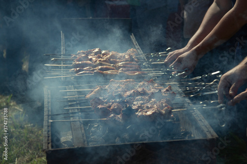Asian shish kebab, barbecue in the backyard in summer © Chepko Danil