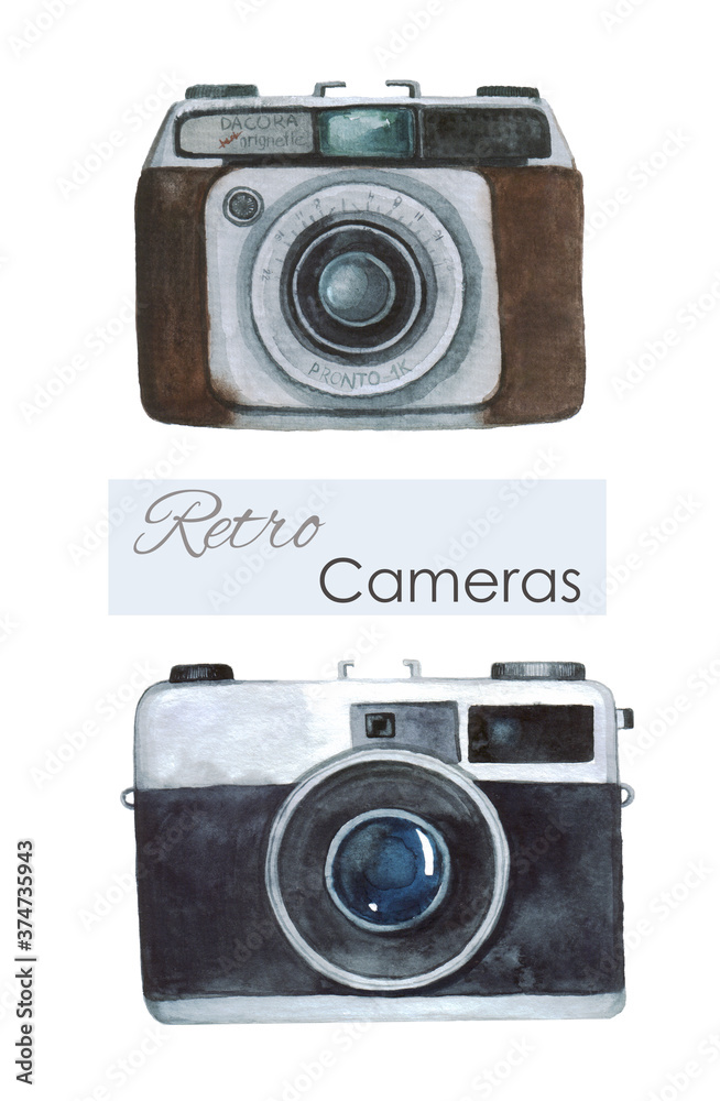 Watercolor retro cameras on a white background. Logo camera. Vintage cameras. Hand draw art illustration.Graphic for fabric,tee-shirt, postcard, greeting card, sticker.