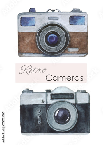 Wallpaper Mural Watercolor retro cameras on a white background. Logo camera. Vintage cameras. Hand draw art illustration.Graphic for fabric,tee-shirt, postcard, greeting card, sticker. Torontodigital.ca