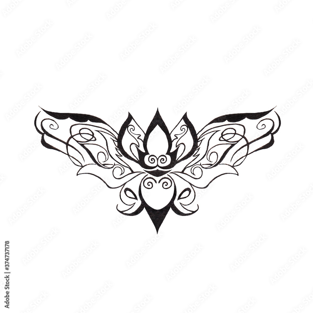 drawing in tattoo style, mehendi black and white. lotus flower and reflection in water, symbol, silhouette