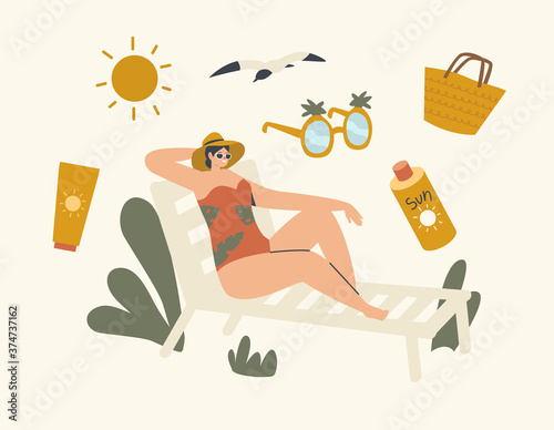 Woman Lounging on Chaise Lounge under Sun Rays Relaxing on Sea Beach at Summer Vacation. Girl Tourist Character Relax