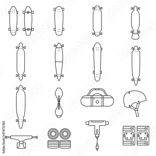 Collection of skateboard and skateboarding equipment thin line icons on isolated background. Longboard, waveboard, penny and downhill board, cruiser, hanger, wheels, bag, helmet vector outline signs.
