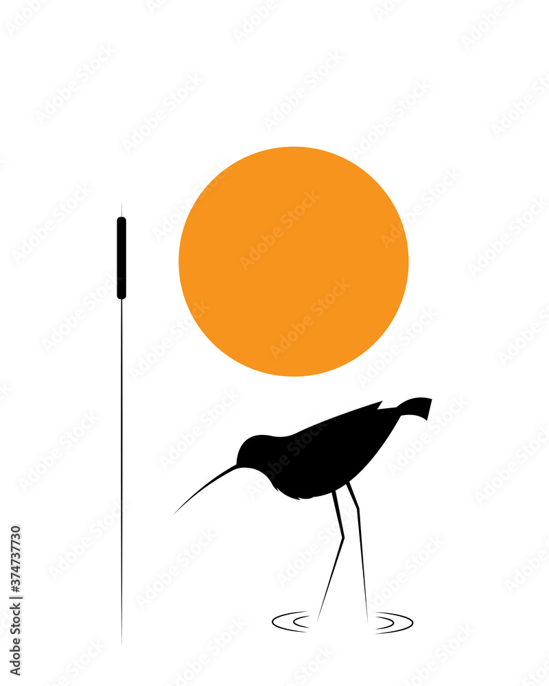 Water bird silhouette and bamboo on sunset, vector. Minimalist art design. Poster design