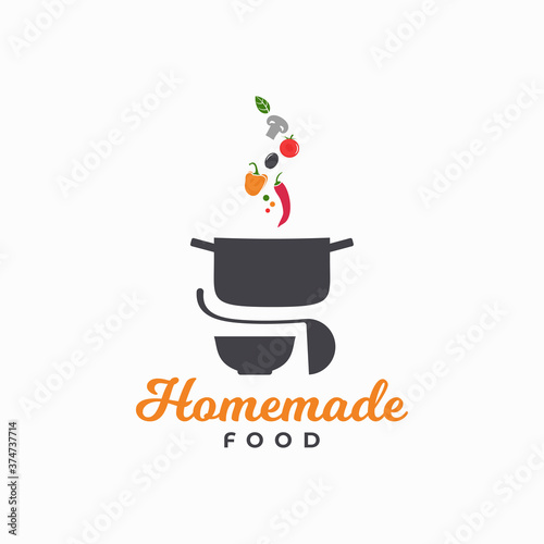 Homemade food logo. Pan with vegetables and plate