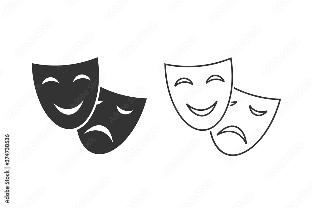 Happy and sad theater mask vector line icon set Happy and sad theater mask vector line icon set