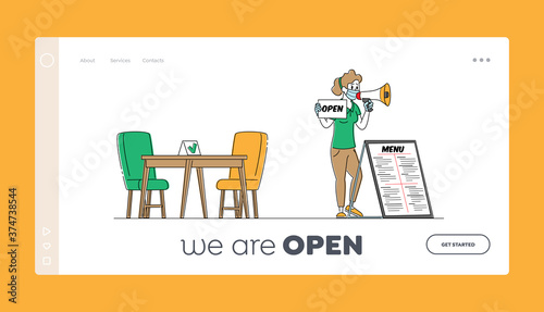 Restaurant Opening Landing Page Template. Promoter Character Wearing Protective Mask for Covid Contagious Pandemic