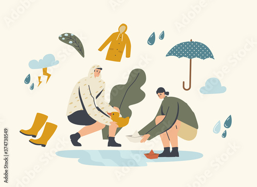 Happy Characters Playing on Puddles in Wet Rainy Day, Woman and Man Put Paper Boat and Rubber Duck on Water under Rain
