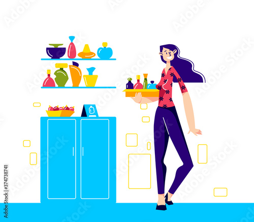 Perfume store seller holding tray with new aroma. Girl selling new fragrances