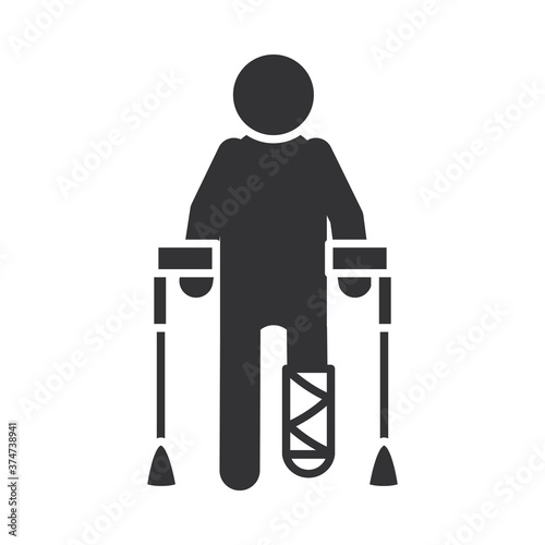 person with crutches and leg cast, world disability day, silhouette icon design