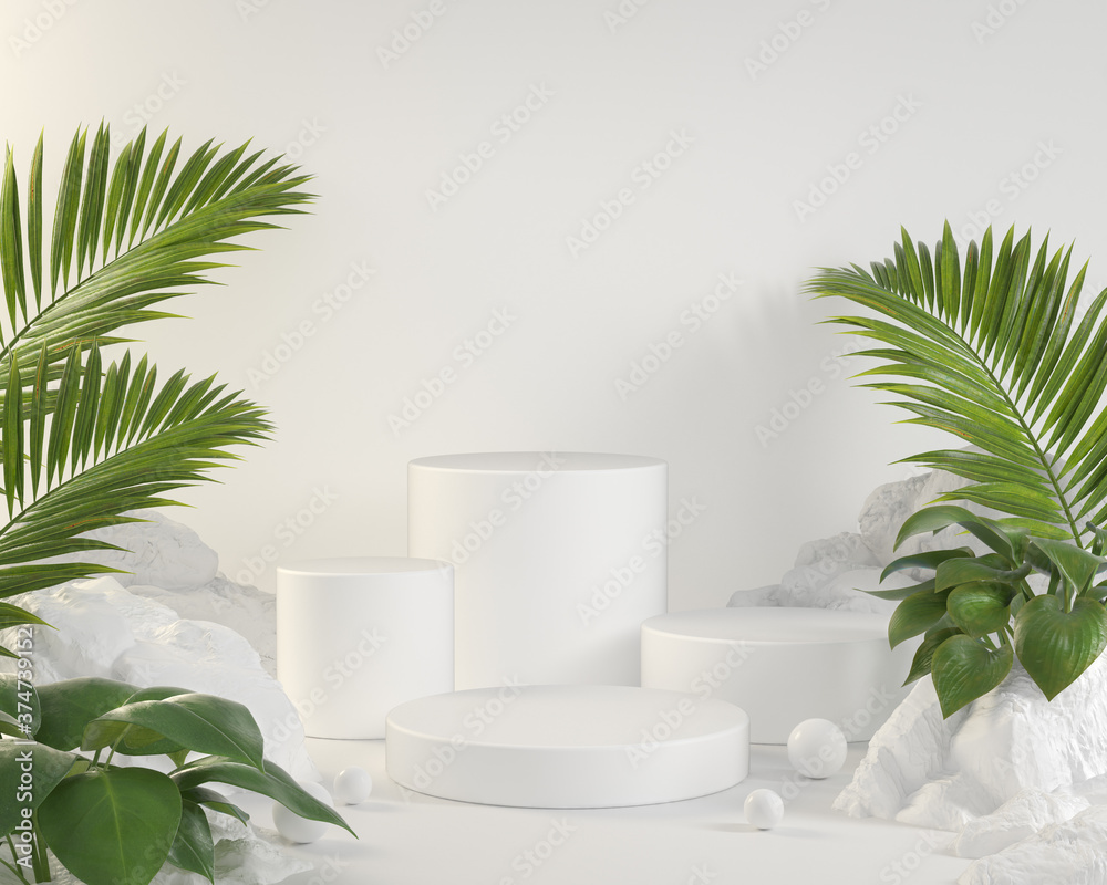 Mockup Empty White Podium Collection Set With Palm Leaves And Tropical Plants 3d Render Mockup Empty White Podium Collection Set With Palm Leaves And Tropical Plants 3d Render