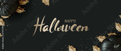 Happy Halloween flat lay black pumpkin style on black background. Vector illustration.