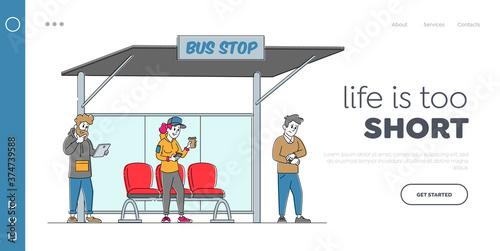 Citizen Waiting City Transport Landing Page Template. Characters Stand on Bus Station. Woman with Coffee Reading Message