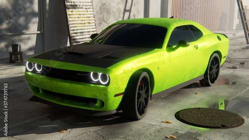 Green Dodge challenger hellcat car on the street photo