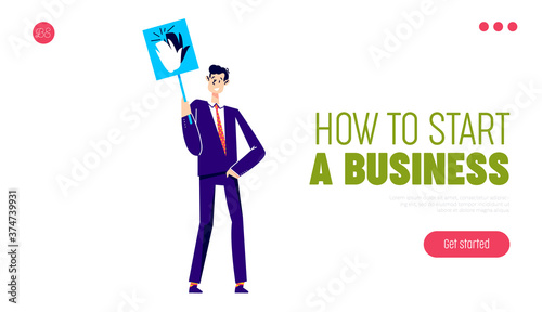 How to start business landing page template with businessman holding high five sign