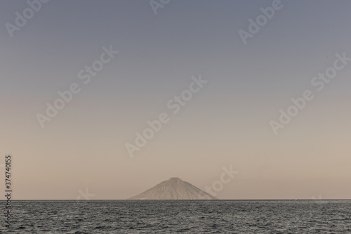 View on Stromboli from afar. Aeolian islands, Sicily.