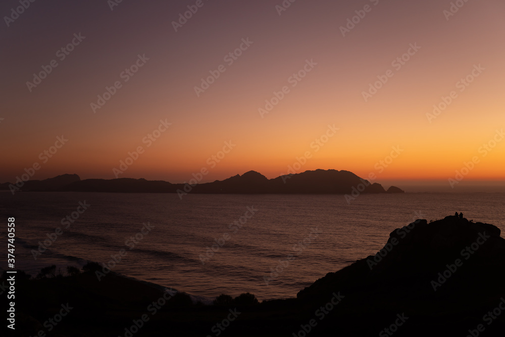 Sunset over Cies islands, Pontevedra province, Galicia, Spain