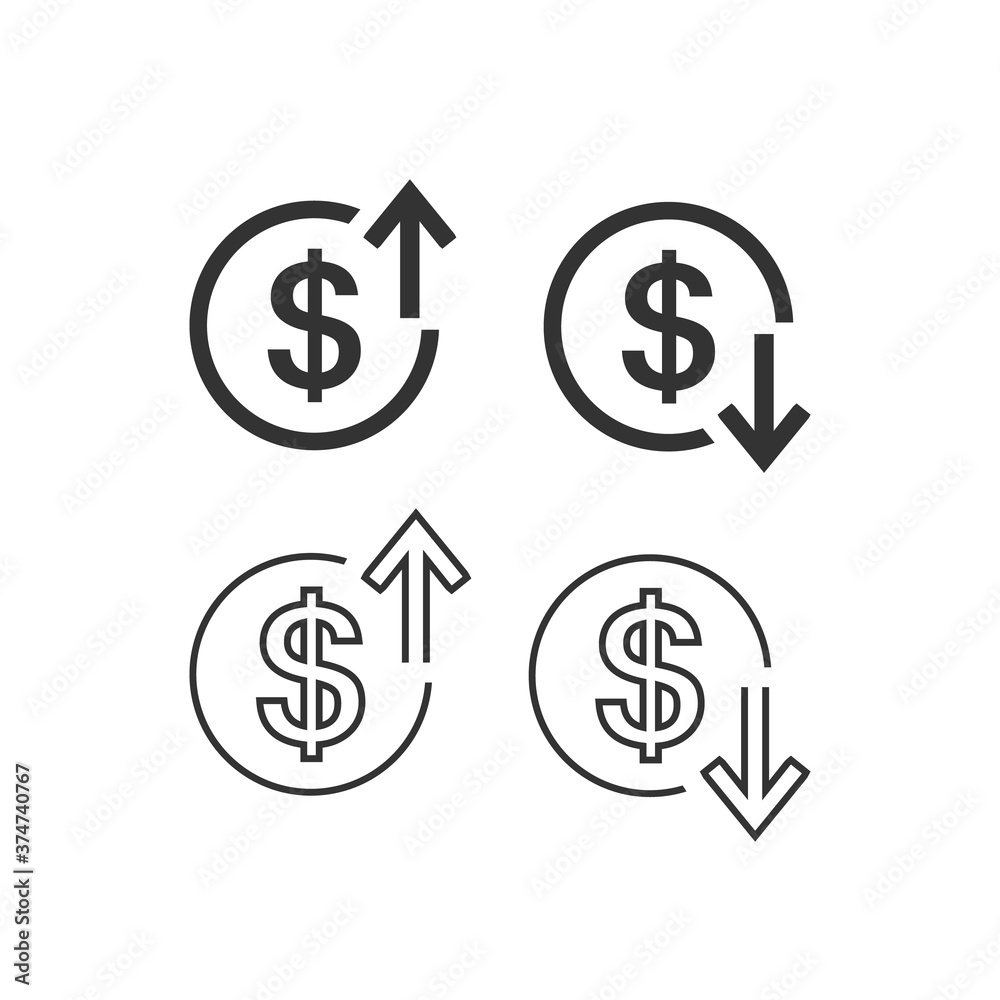 Up and Down arrows with dollar sign in flat line icon set design on white color background. Vector Up and Down arrows with dollar sign in flat line icon set design on white color background. Vector