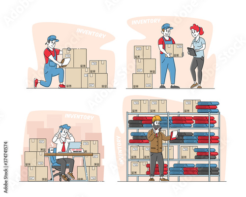 Set Physical Inventory Count Management. Storekeeper Characters Manage Warehouse Cargo Loading, Unloading Sorting