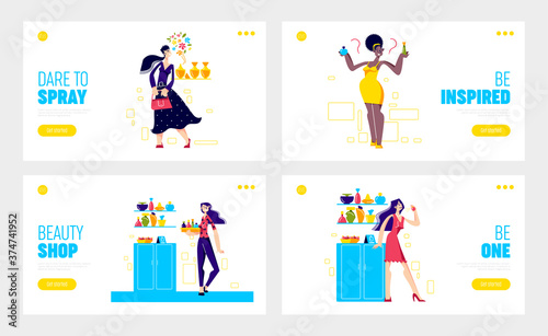 Perfume and cosmetics shop landing pages set with women choosing new fragrant aroma