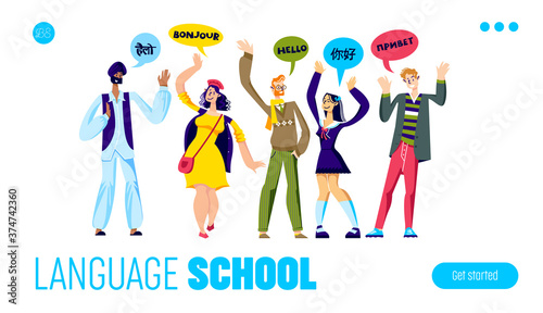 Language school website landing page for online courses of language learning