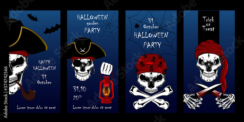 Set of vector cards for Halloween. Pirate skulls, pirate captain, motros. A set of elements for cards, banners, flyers, posters.