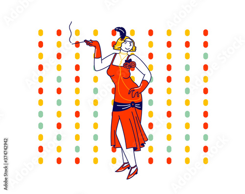 Young Female Character in Retro Dress Visiting Night Club Dancing Disco Dance and Smoking Mouthpiece. The Roaring 1920