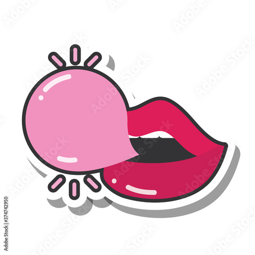 pop art mouth and lips, sexy mouth with bubble gum line and fill icon