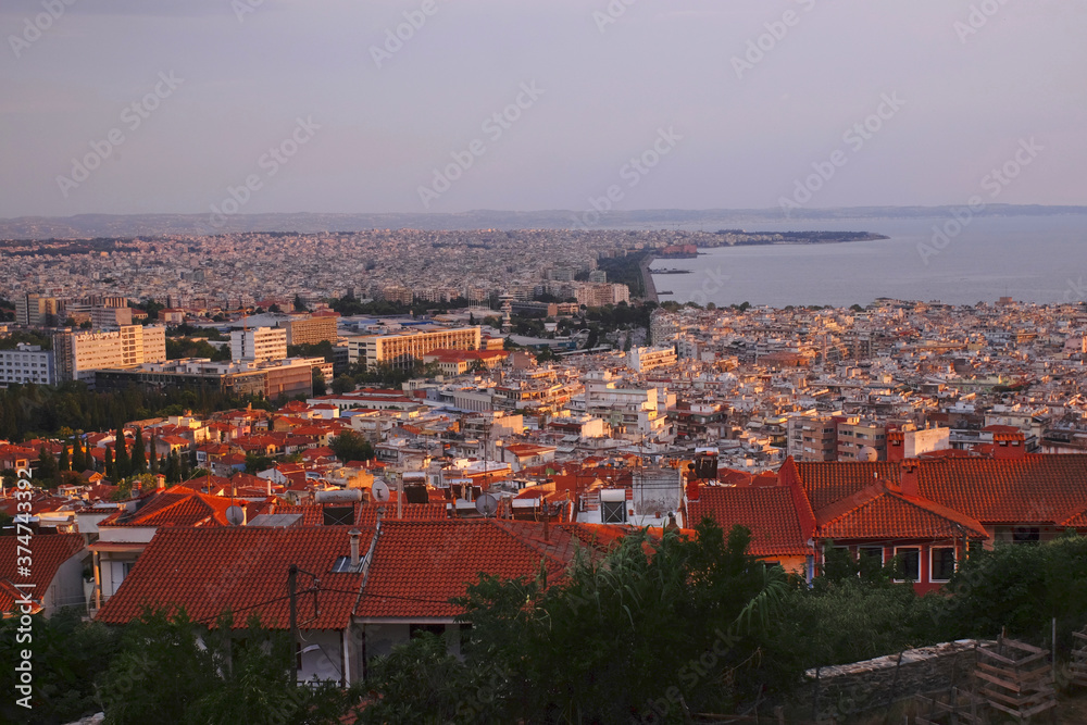 Greek city landscape at sunset