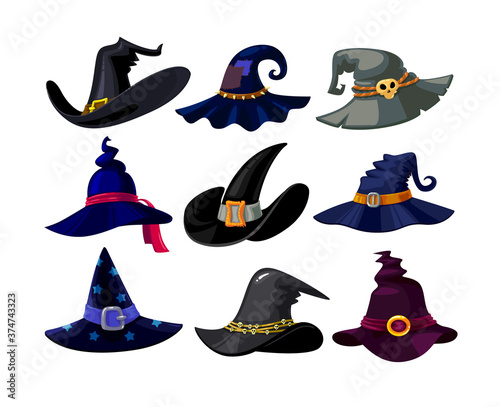 Set of Witch Hats Icons, Wizard Headwear of Different Design Isolated on White Background. Magic Traditional Caps