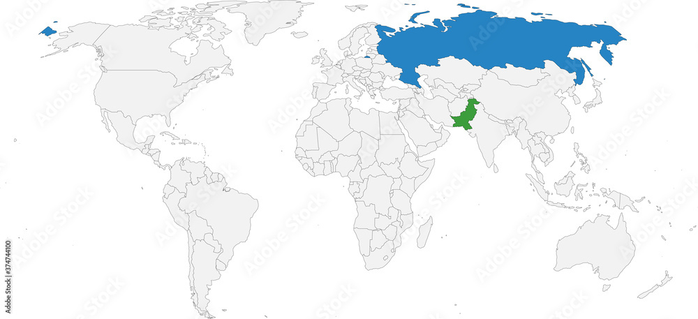 Russia, Pakistan countries isolated on world map. Business concepts and Backgrounds.