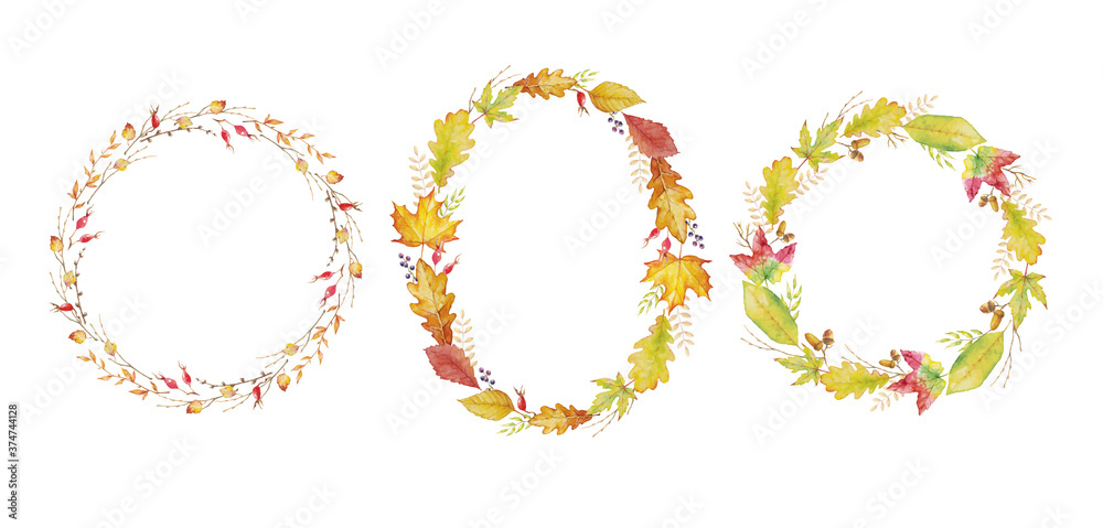 Herbal mix vector frame. Watercolor painted plants, branches and leaves on white background. Natural fall card design.