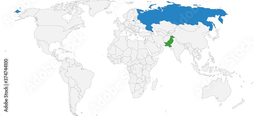 Russia, Pakistan countries isolated on world map. Business concepts and Backgrounds.