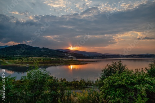 Beautiful sunset on the lake Mucharz. Jezioro Mucharskie, Poland