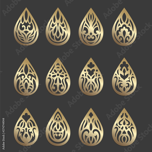 Wooden or faux leather earring design. Laser cut jewelry template. Ornate teardrop pendant vector design.