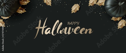 Happy Halloween flat lay black pumpkin style on black background. Vector illustration.