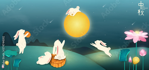 Happy Mid autumn festival. Chinese translation: Mid Autumn Festival. Chinese Mid Autumn Festival design template for Banner, flyer, greeting card, poster with full moon, moon rabbits, lotus flower.