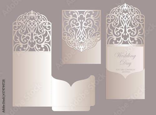 Ornate laser cut wedding invitation pocket fold envelope design. Cutting plotter template.