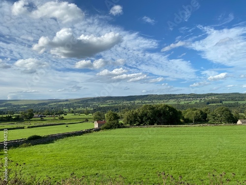 Landscape view  of the countryside at West Witton  with fields  meadows  trees and farms near Leyburn  UK
