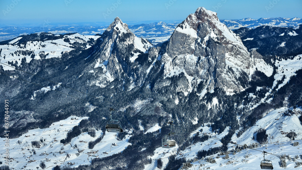 Two Sharp Peaks seen from Stoos Ski resort, Switzerland. 