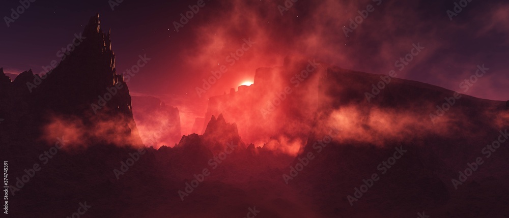 Mars, sandstorm, surface of mars at sunset in a storm, 3D rendering - obrazy, fototapety, plakaty 