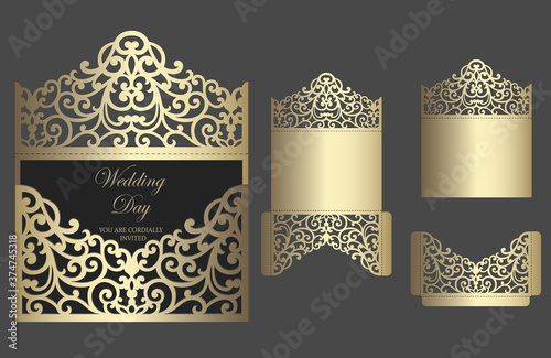 Ornate laser cut wedding invitation pocket fold envelope design. Cutting plotter template.