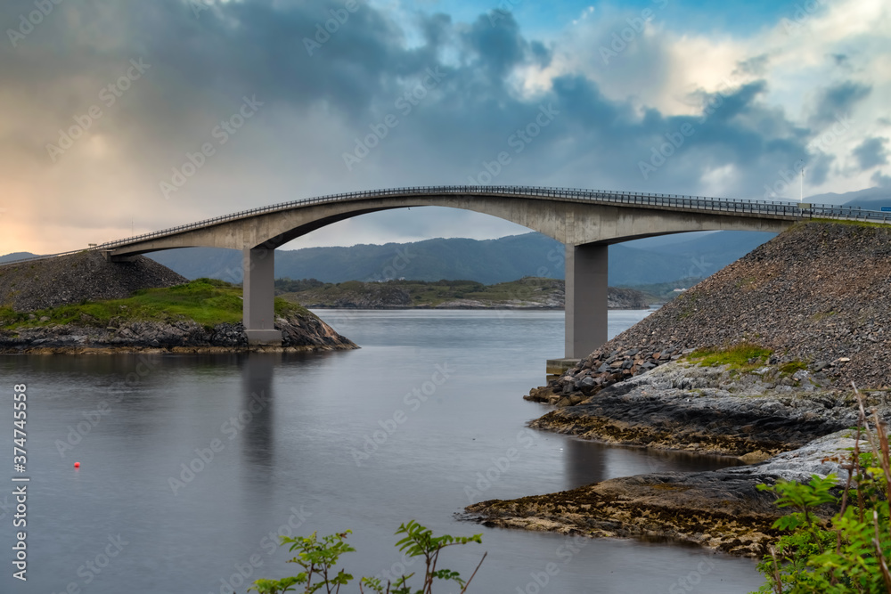 Storseisundet Bridgealong the Atlantic Road that runs through an archipelago in More og Romsdal county, Norway. Built on several small islands and skerries, connected by causeways and bridges.