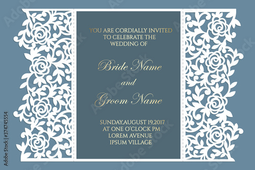 Floral gate fold envelope for wedding invitations. Ornamental wedding invite mockup. 