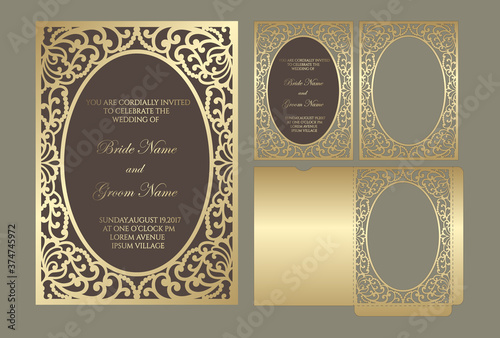 Laser cut wedding invitation pocket envelope template with lace border. Flat frame card mockup.